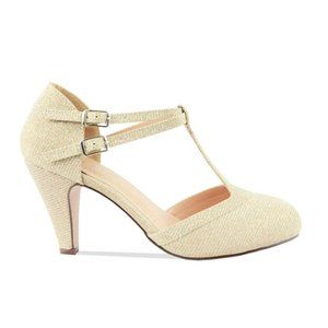 Nude Glitter Women's Mary Jane T-Strap Retro Pump